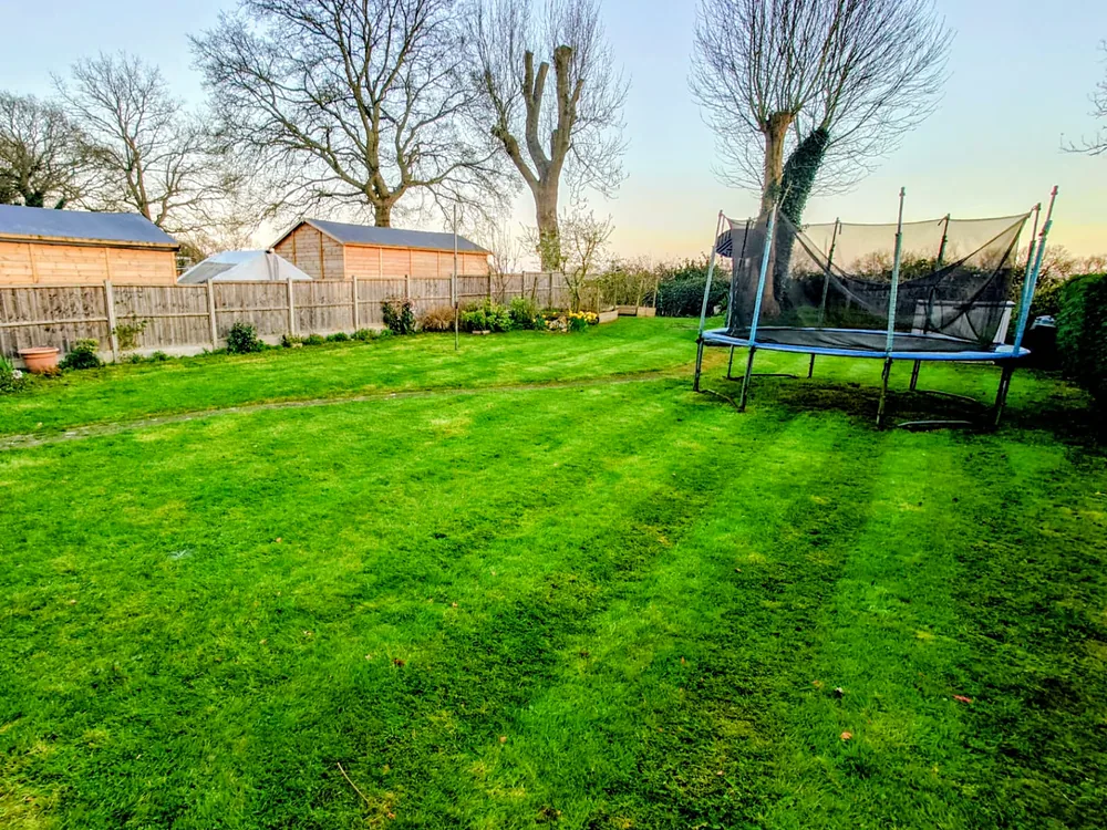 Family garden with trampoline and freshly mowed lawn